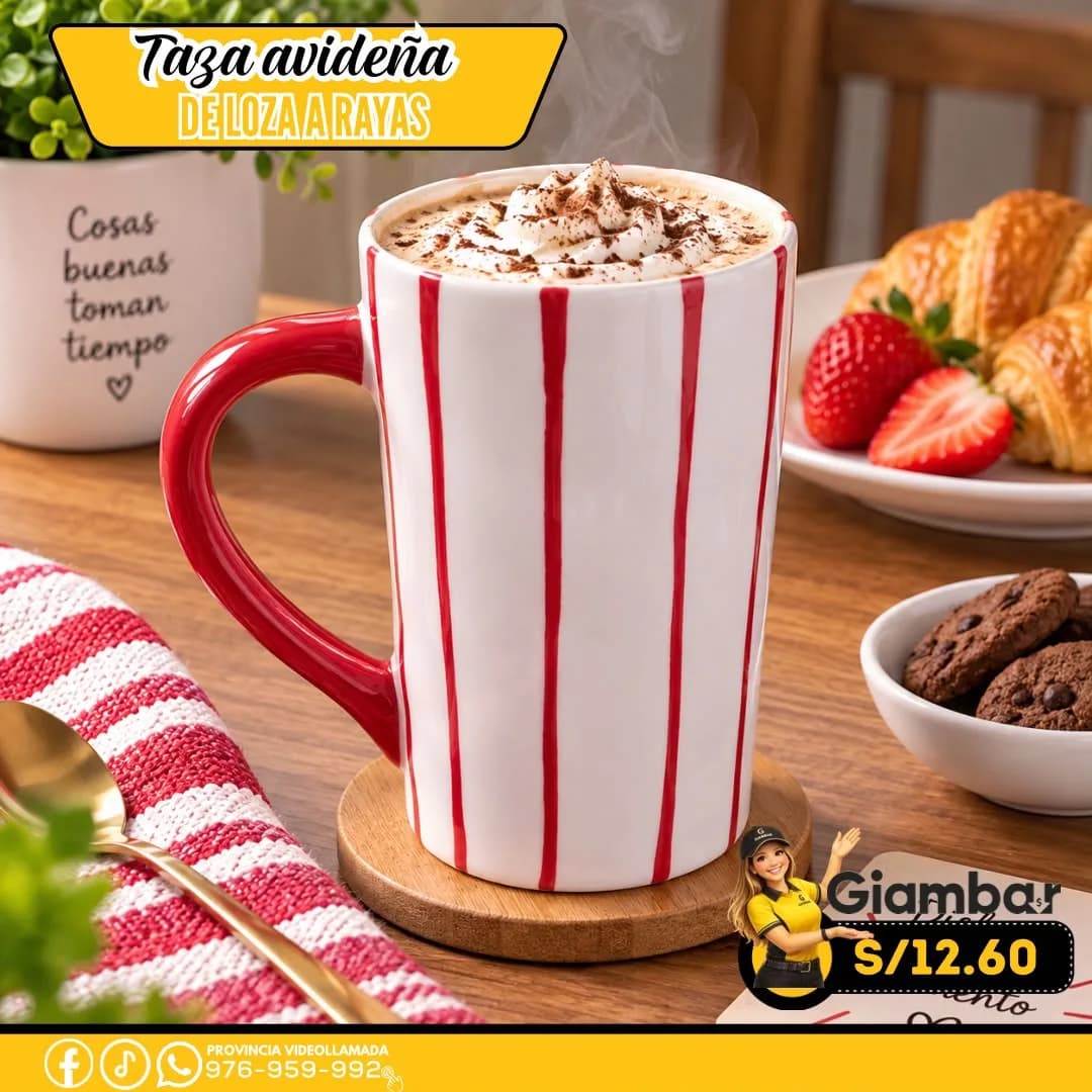 GB-254 TAZA CON DISEÑO A RAYAS ROJO Y BLANCO