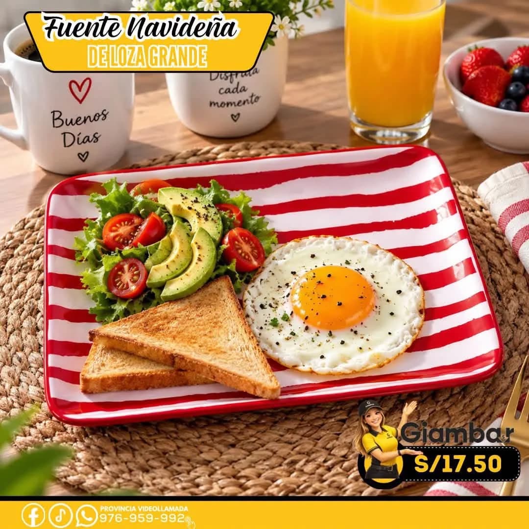 GB-261 PLATO RECTANGULAR A RAYAS BLANCO Y ROJO