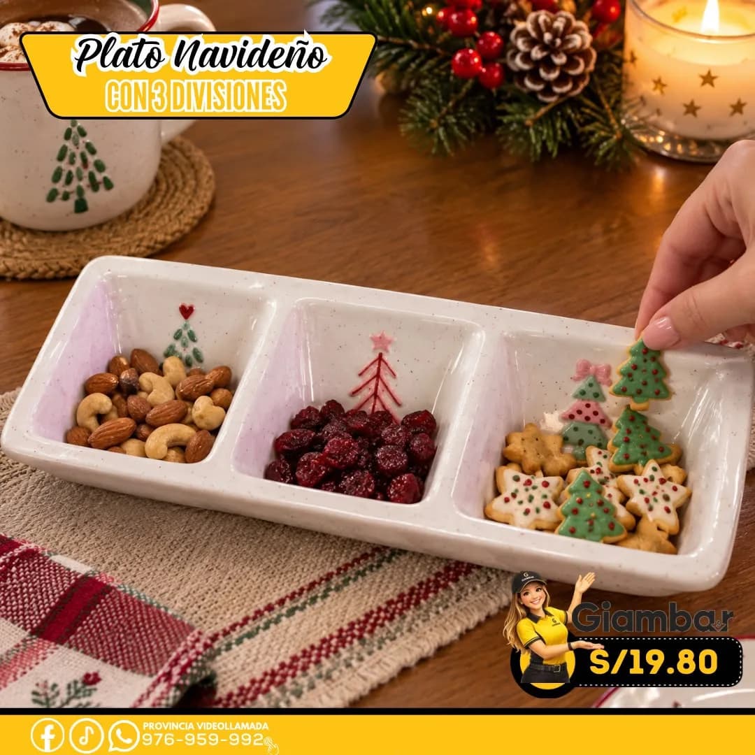 GB-143 PLATO RECTANGULAR CON 3 DIVISIONES DISEÑO DE ARBOLES NAVIDEÑOS COLOR PASTEL