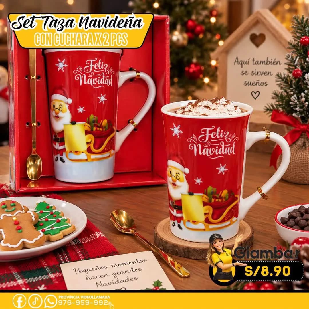 GB-391 TAZA BLANCA CON FONDO DE PAPA NOEL Y MINI CUCHARA