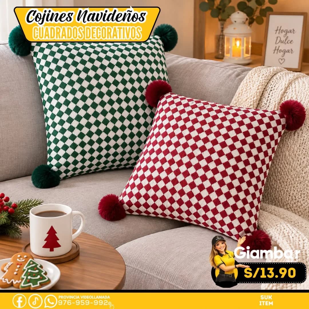 GB-116 COJIN NAVIDEÑO CON DISEÑO A CUADROS BLANCO Y ROJO