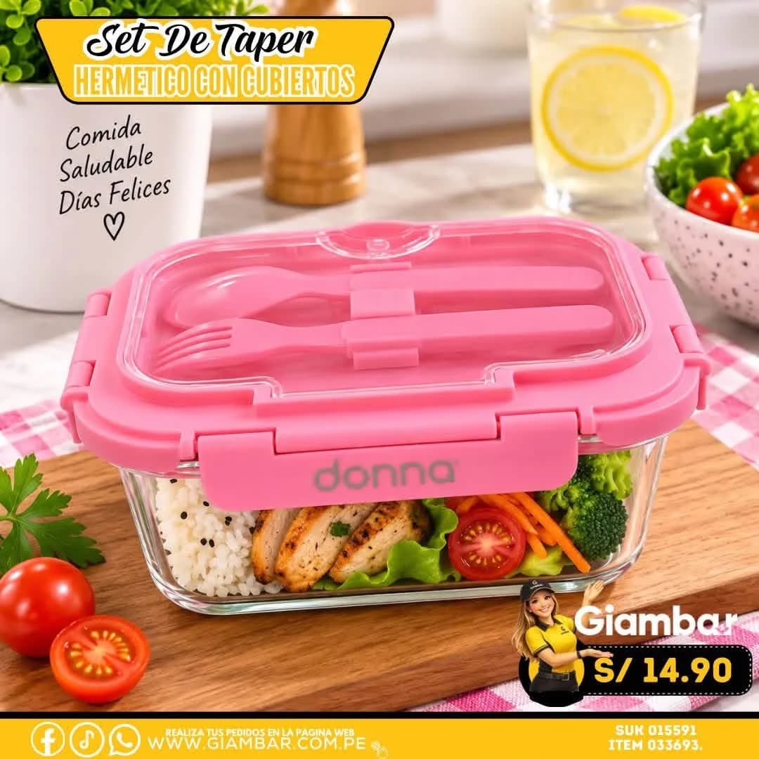 033693 Taper Rectangular Hermético C/Cubiertos Rosado 640
